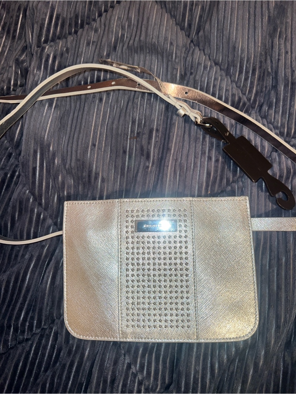 Michael Kors Saffiano Metallic Silver Stud-Accent Belt Bag.